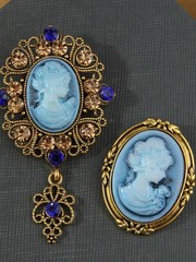 2 Pcs Blue Elegant Victorian Vintage Court Style Cameo Brooch Pin Lady Portrait