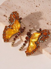 Vintage Butterfly Earrings With Amber Glass Beads Gold Plated Zinc Alloy
