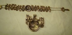 Vtg Children of the World Brass Slide Bracelet Green Enamel Globe Brooch Pin Set