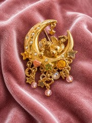Vintage Kirks Folly Angel Cherub Moon & Stars Crystal Gold Tone Brooch Pin 2.5″
