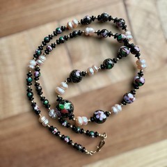 Vintage Chinese Cloisonne Necklace 26 Inch Floral Beads Baroque Pearls Flowers