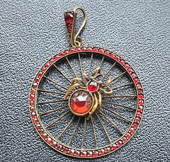 Antique Bohemian Garnet Spider in Web Pendant Garnet Gold, Tombac