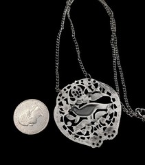 Vintage Bird Floral Pendant Silver Tone Filigree Open-Work Design 18″ Chain