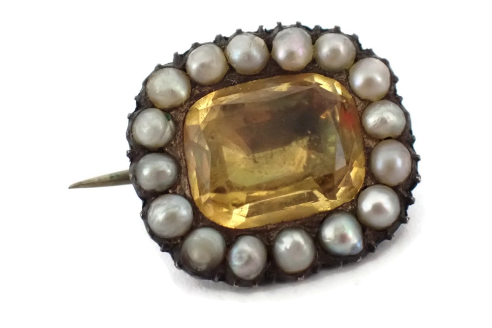 Antique Georgian English Brooch Yellow Topaz w/Split Pearl Halo Gold Setting