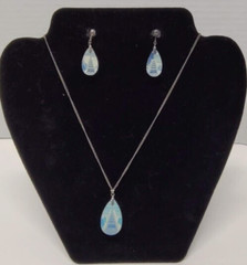 Japan Blue Intaglio Pagoda Opaline Glass Sterling Silver Pendant+Screw Earrings