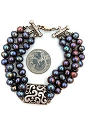 Vintage Peacock Pearl Bracelet Sterling Silver 925 3 Strand Freshwater Pearl