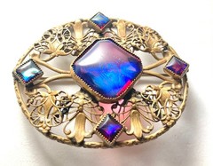 Large Antique Czech Art Deco Red Blue Dragons Breath Art Glass Brass Brooch Pin
