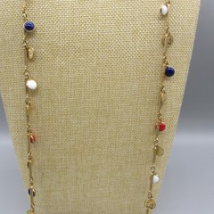 Vintage Open Bezel Necklace Faux Coin Station Gold Tone Red White Blue Rope 46″