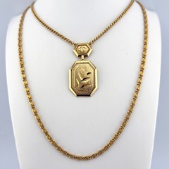 Vintage Gold-Tone Double Chain Necklace With Engraved Floral Pendant 24″ Length