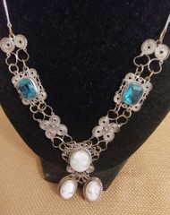 Vintage Cameo Blue Glass Silver Necklace 22″ and Italian earrings marked GM