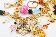 Vintage Lunch At The Ritz Necklace Gold Tone Kitty Cat Charm Rhinestone 22″