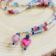 VTG pink Opalescent wrap Necklace Opalite Art Glass Beads moonglow long 38″ rare