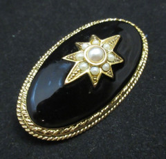 Vintage 1928 Brand Faux Seed Pearl Domed Oval Black Enamel Brooch Pin Gold Tone
