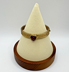Vintage Victorian Revival Heart Bangle Bracelet Red Glass Gold Tone Hinged TINY*
