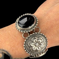 Cll Mexico Black Onyx Gemstone Sterling Silver 925 Floral Bracelet Sz. 7 3/4″