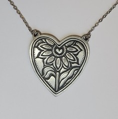Marcie USA Sunflower On Heart Handcrafted Pewter Pendant 25in Necklace Vintage