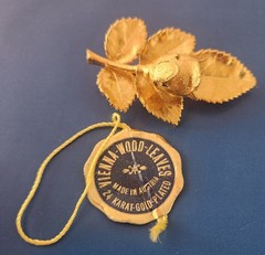 Rose Bud & Leaf Brooch 24ct Gold Plated Vienna Wood Leaves Austria