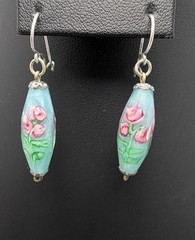 Vintage Sterling Silver Art Glass Floral Rose Dangle Earrings Venetian Style