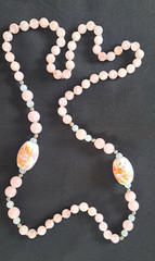 Vintage Rose Quartz and Cloisonné bead Necklace.Painted Beads. Silver Spacers.