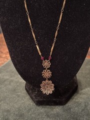VICTORIAN REVIVAL BRONZE T. TRIPLE DROP LAVALIER NECKLACE PINK RHINESTONES 16”