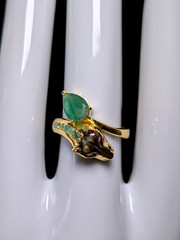 Vintage Genuine Emerald and Ruby Eyed Panther Wrap Cross Over 14kt Gold over Ste