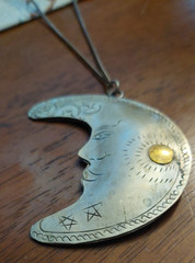 Crescent Moon w face, Unique Pendant, hand tooled, Whimsigoth Celestial Jewelry