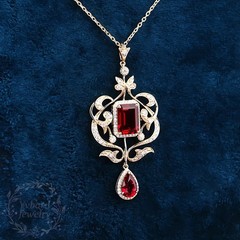 Victorian Emerald Cut Ruby & CZ Filigree Pendant Necklace Drop Floral Statement