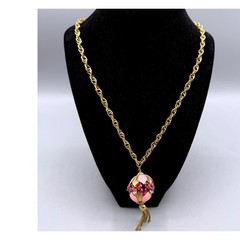 Vintage Gold Tone Orb Pendant Necklace Pink Enamel Rhinestone Tassel 28 Inch