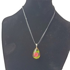 Vtg Acrylic Lucite Pink Flower Teardrop Pendant Necklace 18″ Black Cord