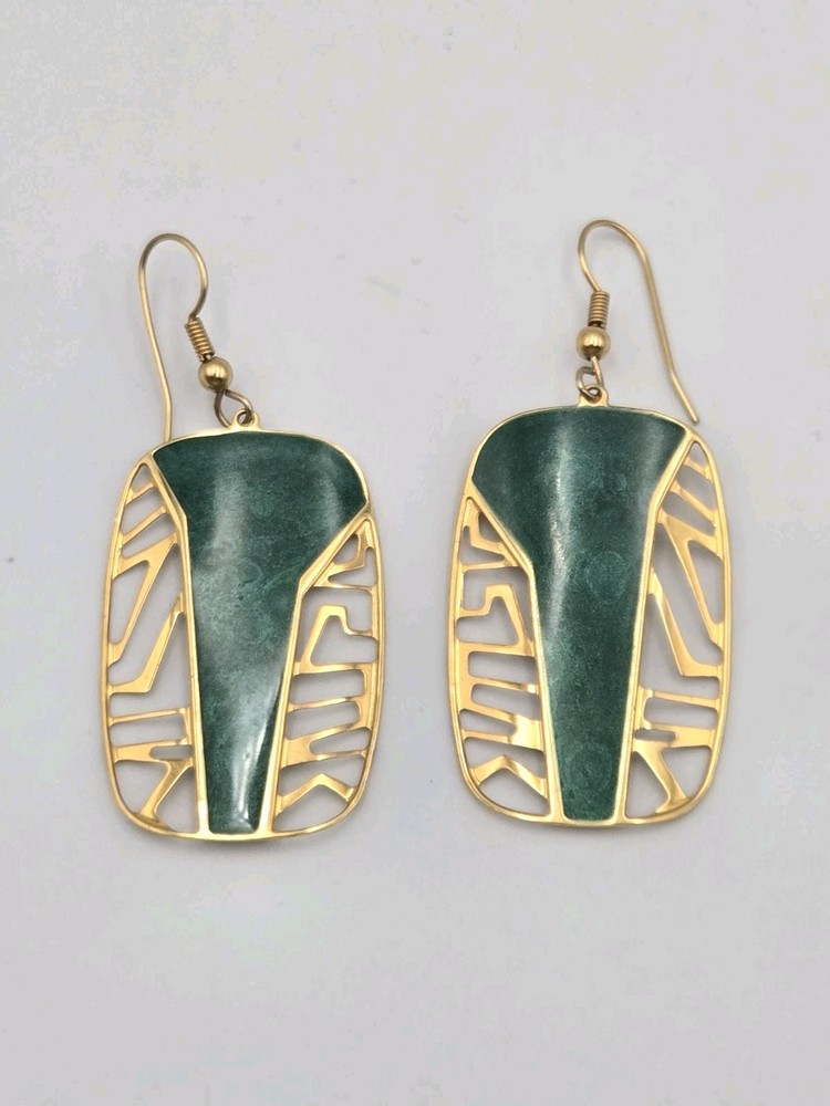 Edgar Berebi Vintage Art Deco Jade Green Enamal Dangling Gold Tone Earrings