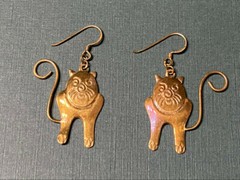 Vintage Brass Cat Dangle Earrings with Cute wire tails – FREE SHIP- USA SELLER