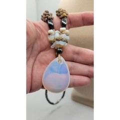 Moonstone Hematite Necklace Faux Opalite Pendant Tiny Shells Seed Bead Vintage