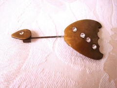 Art Deco Pearlized Golden Brown Celluloid Jabot Pin Hat Trim With Rhinestones KJ