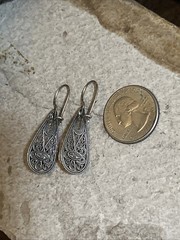 44. Vintage DGS 925 Sterling Pearl Filigree Teardrop Hook Earrings 40mm, 6.4g