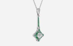 Art Deco Style Round Lab Created Diamond & Emerald Pendant 14k White Gold Finish