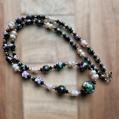Vintage Chinese Cloisonne Necklace 26 Inch Floral Beads Baroque Pearls Flowers
