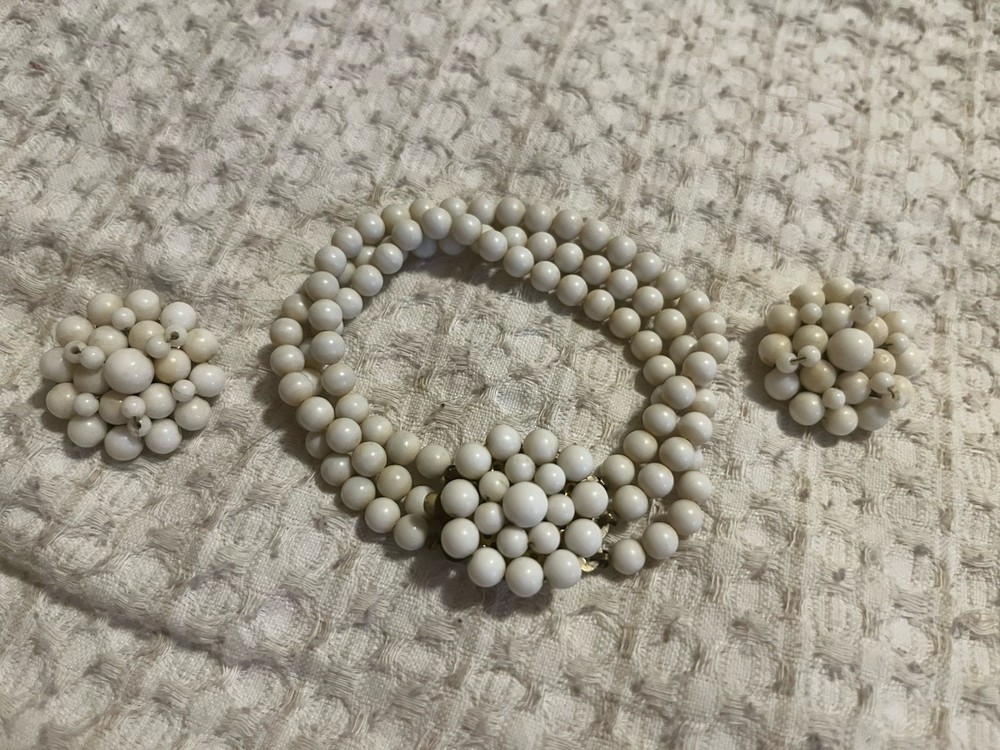 Vintage Costume Jewelry Set Bracelet Clip On Earrings White Beaded Japan Retro