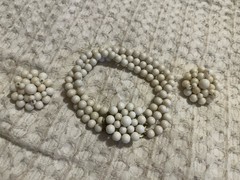 Vintage Costume Jewelry Set Bracelet Clip On Earrings White Beaded Japan Retro