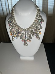 Vintage Vendome Faceted AB Glass & Faux Pearl Fringe Statement Huge Necklace