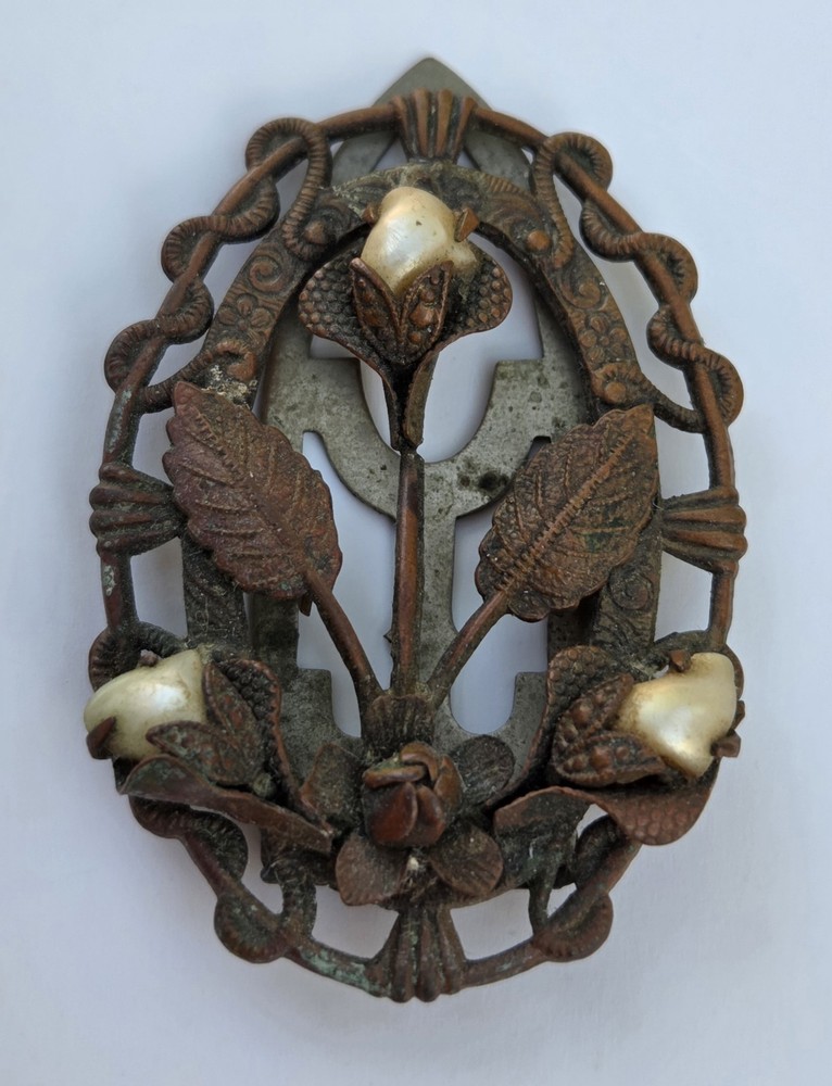 Antique Embossed Floral Bronze Metal Art Nouveau Pearl Flower Brooch Pin