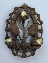 Antique Embossed Floral Bronze Metal Art Nouveau Pearl Flower Brooch Pin