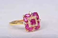 Art Deco Vintage Princess Cut Ruby & Lab Created Diamond 14K Yellow Gold FN Ring