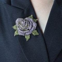 Heidi Daus Rhinestone Rose Brooch Purple Green Crystal Antique Bronze Floral Pin