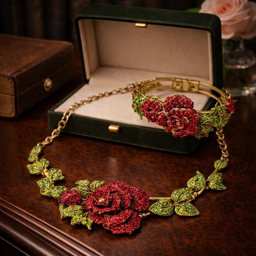 Vintage Red Rhinestone Rose Necklace Bracelet Set Gold Tone Floral Statement Jew