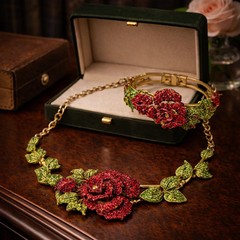 Vintage Red Rhinestone Rose Necklace Bracelet Set Gold Tone Floral Statement Jew