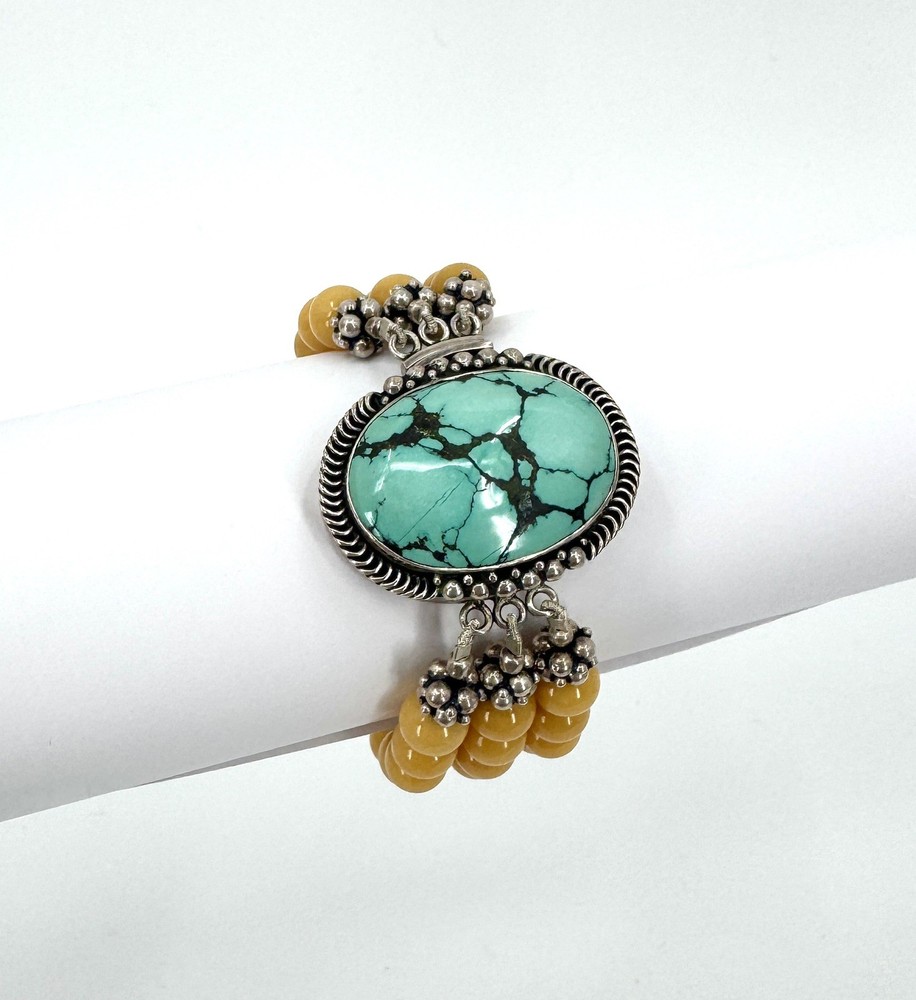 Vintage Turquoise Yellow Jasper And Sterling Silver Statement Bracelet