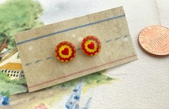 Vintage 9mm Yellow Red Reverse Carved Painted Glass Heart Post Earrings NBW