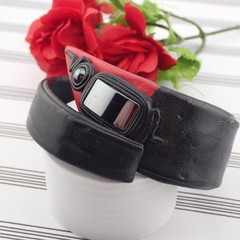 Vintage Black Red Leather Hematite Abstract 8″ Adj Wrap Bracelet
