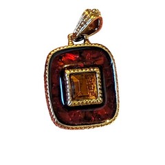Vintage Liz Claiborne Rectangle Amber Rhinestone Silver Tone Necklace Pendant