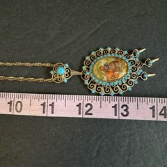 Juliana D&E Necklace Book Piece Courting Couple Transfer Cabochon Turquoise Vtg